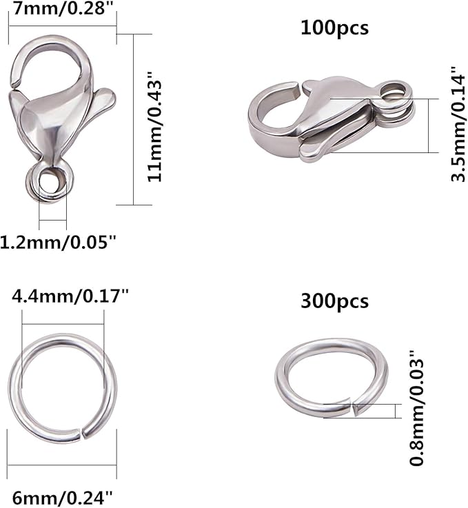 PandaHall 100pcs 304 Stainless Steel Lobster Claw Clasps with 300 pcs 6mm Open Jump Rings Necklace Clasps and Closures for Earring Bracelet Pendants Jewelry DIY Craft Making, Stainless Steel Color
