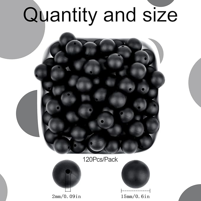 MAIBAOTA 120 Pcs Black Silicone Beads 15 mm Bulk for Keychain/Pens/Bracelet/Necklace Making Rubber Round Beads for Craft Making (with Boxed Kits)