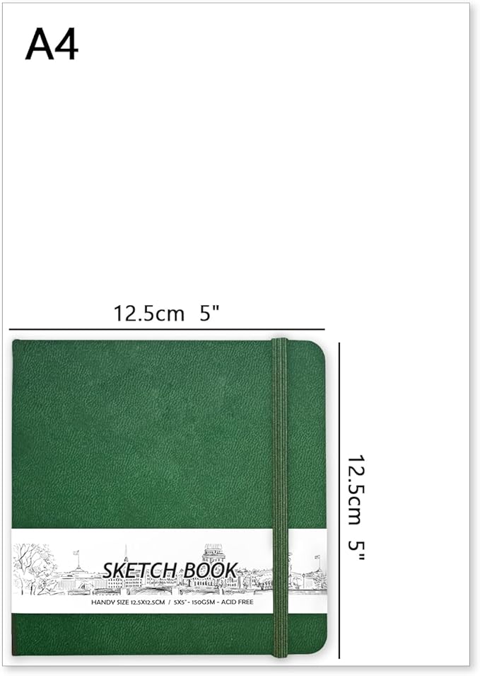 5" x 5" Hardcover Sketch Book,Small Mixed Media Sketch Pad,58 Sheets 150GSM Acid-Free Artist Drawing Paper,Travel Journal Blank Notebook for Adults Painting,Illustration,Art Supplies.Blackish Green