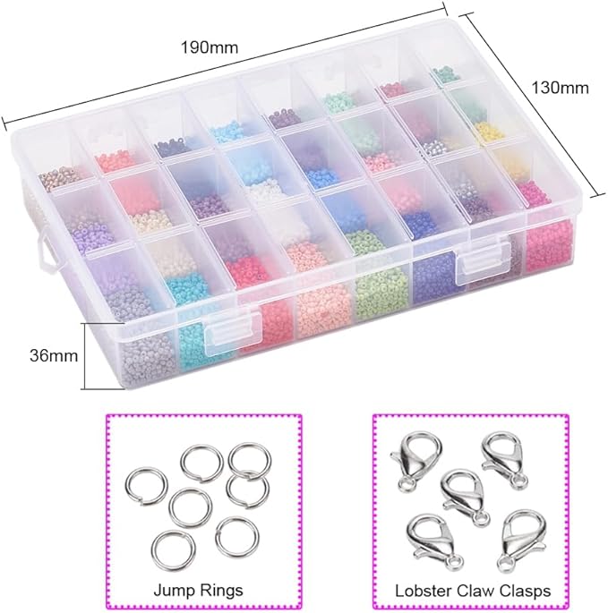 24000 Pcs 2mm Glass Seed Beads Bracelet Making Kit, Small Beads Friendship Jewelry Craft Kit with Lobster Clasps, Jump Rings & Elastic Cord, DIY Art Craft Gift for Girls