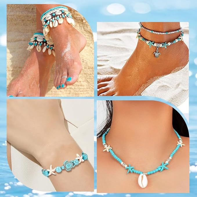 SUNNYCLUE 1 Box 12 Styles Turtle Beads Boho Style Starfish Beads Bulk Blue White Synthetic Turquoise Sea Turtles Charms Hawaii Shell Round Loose Spacers for Jewelry Making Beading Kits