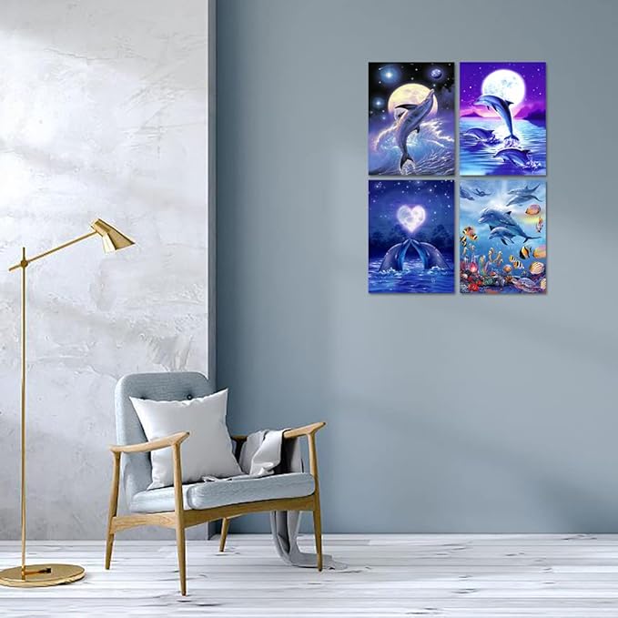 Muzagroo Art 4 Pack Diamond Paintings Kits for Adults 5D Diamond Art DIY with Round Full Drill Diamonds for Beginners Dolphins Diamond Wall Art for Living Room