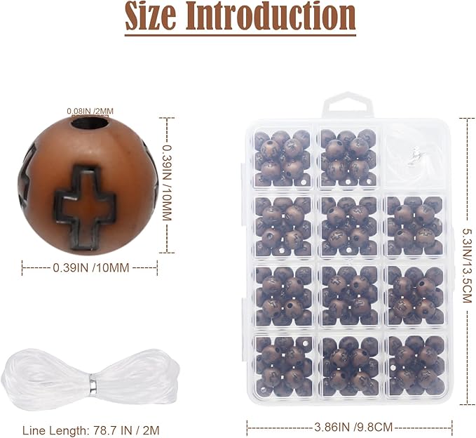 143 Pcs 10mm Light Brown Acrylic Cross Beads for Bracelets, Christian Religious Beads with 2m Elastic String & 12 Grids Organizer Box - DIY Jewelry Supplies