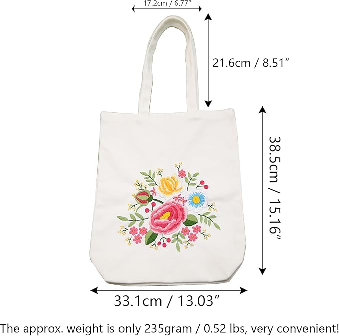 CREAWONDER Canvas Tote Bag Embroidery Kit with Pattern for Beginners, Arts and DIY Embroidery Crafts Kits for Adults, Include Instructions, Thimble, Embroidery Hoops, Color Threads and Tool