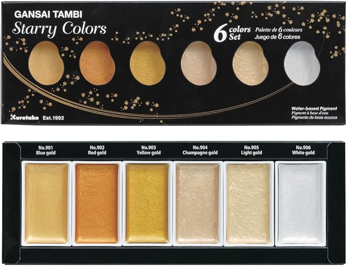 Kuretake GANSAI TAMBI STARRY COLORS, 6 colors set, Watercolor paint for Professional, for artists and crafters,Illustrations, Drawing, Lettering, Made in Japan