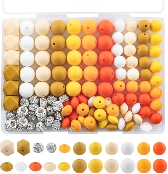120Pcs Multicolor 12mm 15mm Silicone Beads for Keychain Making, 14mm Hexagon Beads Rhinestone Round Spacer 10mm for DIY Handicrafts(Yellow)