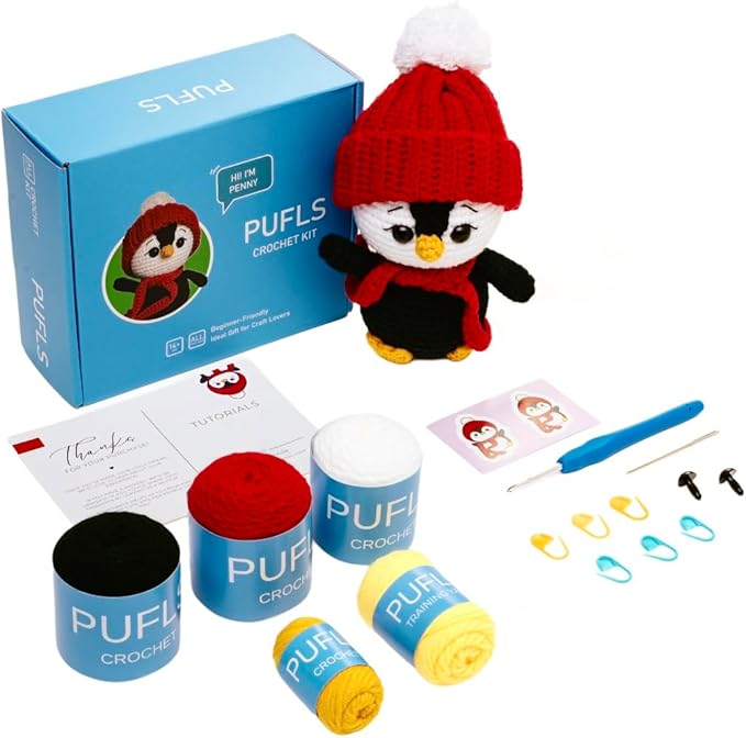 PUFLS Penguin Crochet Kit for Beginners Kids, Beginner Crochet Kit for Adults and Kids with Video Tutorials, Crochet Kits with Mini Crochet Animals, Knitting Kit for Beginners and Cute Crocheting Kit