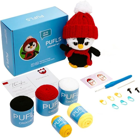 PUFLS Penguin Crochet Kit for Beginners Kids, Beginner Crochet Kit for Adults and Kids with Video Tutorials, Crochet Kits with Mini Crochet Animals, Knitting Kit for Beginners and Cute Crocheting Kit