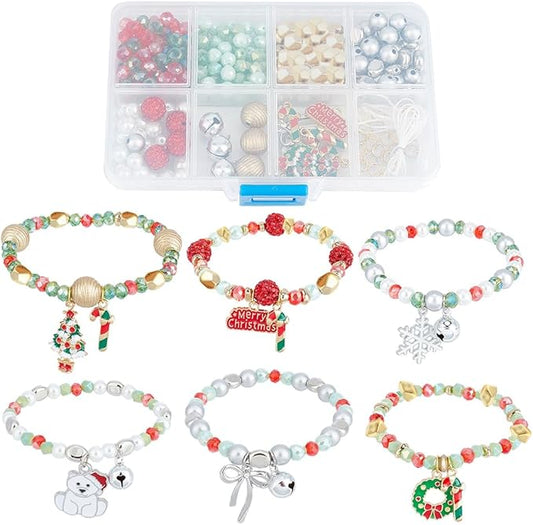 SUNNYCLUE 1 Box 275Pcs DIY 6 Set Christmas Bracelet Making Kit Christmas Bracelets Bulk Winter Snow Christmas Tree Charms Glass Beads for Jewelry Making Kits Beginners Adults Women DIY Gift Craft