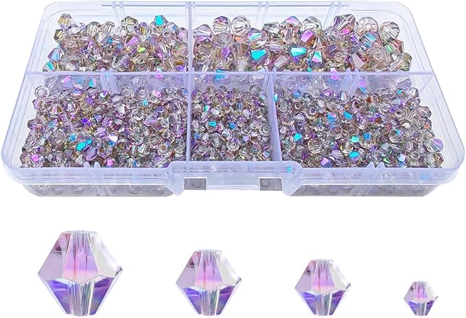 Clear Purple Bicone Glass Beads for Jewelry Making, Faceted Crytal Spacer Beads for Bracelet Necklace Earring (3mm 4mm 6mm 8mm Mixed Sizes, 1040pcs)