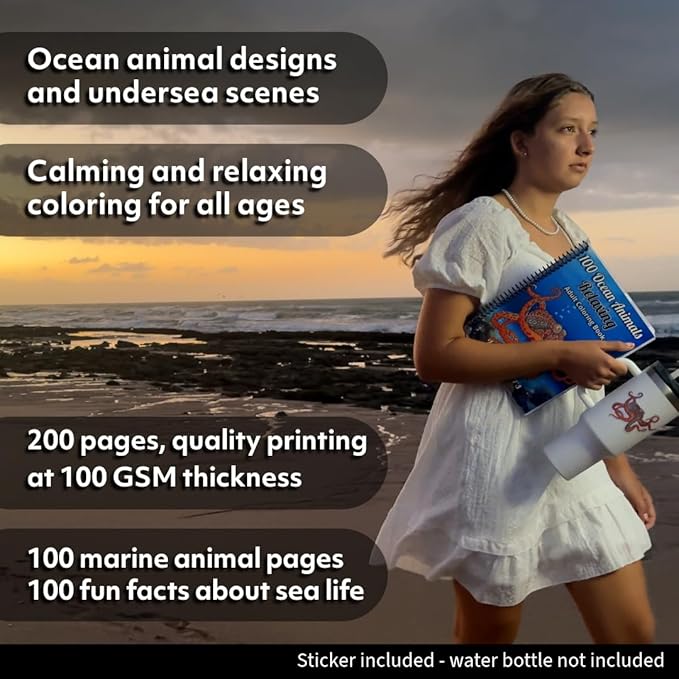 100 Ocean Animals: Relaxing Adult Coloring Book for Women & Men - Spiral Bound | Fun Facts & Stress Relief Coloring of Octopuses, Whales, Dolphins, Sea Turtles, Sharks, Stingrays, Axolotls & More