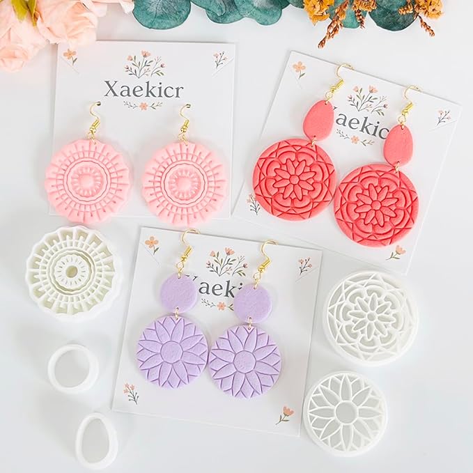 Xaekicr 5PCS Floral Polymer Clay Cutters Set - Round Clay Earring Cutters with Texture Molds for DIY Jewelry Making, Clay Tools for Earrings