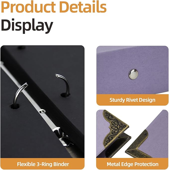 Vienrose DIY Scrapbook Photo Album Kit with Pens Tapes and Stickers 60 Pages Hardcover 12x12 Inches 3 Rings Removable Black Paper Scrapbooking for Lover Friends Kids Wedding Purple