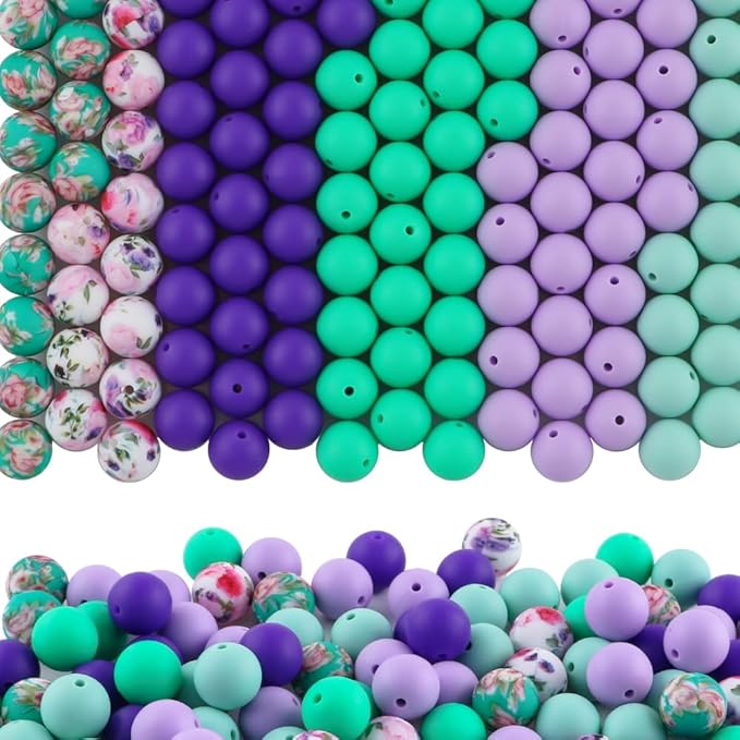 150Pcs Mixed Color 15mm Silicone Beads for Keychain Making, Green Purple Flower Print Silicone Beads for Pens and Bracelet Jewelry Making