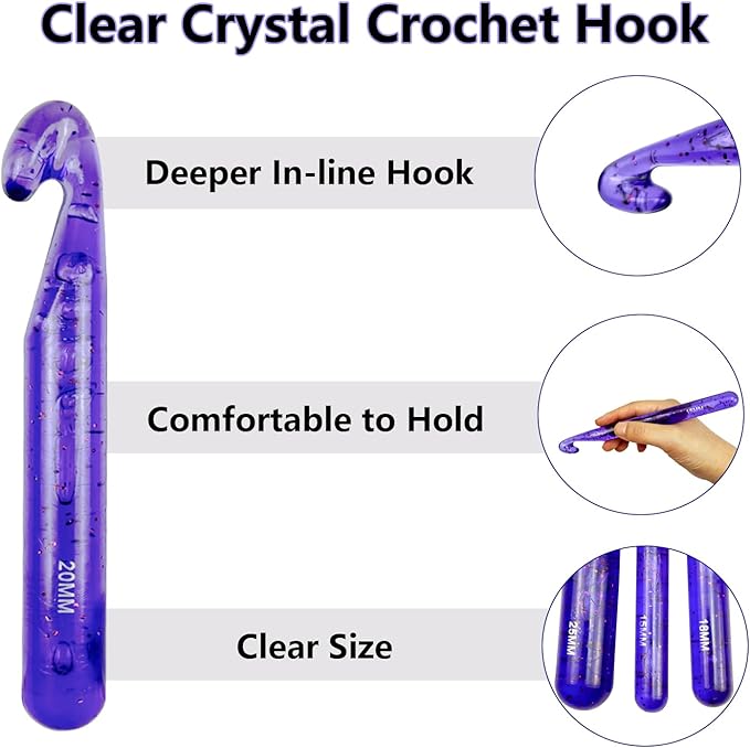 43 Pcs Large Crochet Hooks Set,12mm 15mm 18mm 20mm 25mm Large Crochet Hooks for Chunky Yarn,Plastic Crystal Smooth Big Crochet Needles for Handmade DIY Crochet with Storage Bag