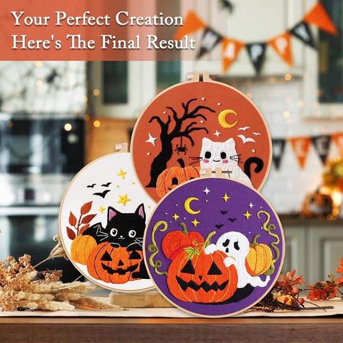 Nuberlic Halloween Embroidery Kits - 3 Pack Easy Embroidery kit for Adults Beginners Starter Cross Stitch Kit DIY Needlepoint with Pre-Printed Fabric, Hoop, Thread, Needles & Step-by-Step Guide