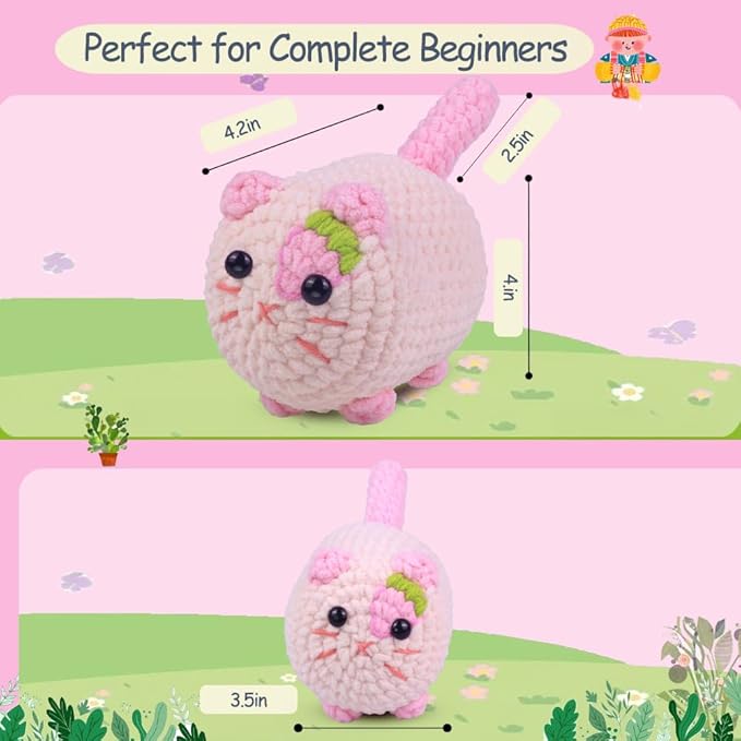 Crochet Kit for Beginners, Crochet Kit with Step-by-Step Video Tutorials, Beginner Crochet Kit for Adults, Crochet Animal Kit for Kids(Pink cat)