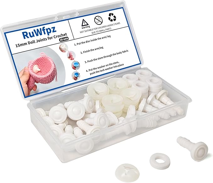 RuWfpz Doll Joints for Amigurumi Crochet 15mm 5/8" - 20 Set Plastic Toy Safety Joints for Stuffed Animals, White Movable Amigurumi Crafts Teddy Bear Joints for Arm Leg Neck