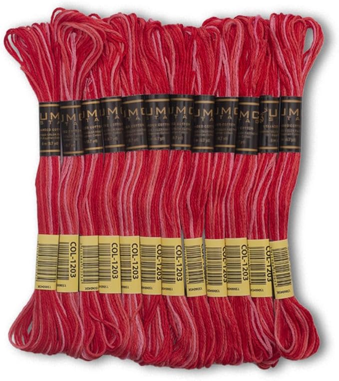 Pack of 12 Premium Embroidery Thread | 100% Egyptian Cotton Premium Skeins | Cross Stitch Embroidery Floss | Oeko TEX Certified | Ideal for Arts & Crafts (Red Variegated 1203)
