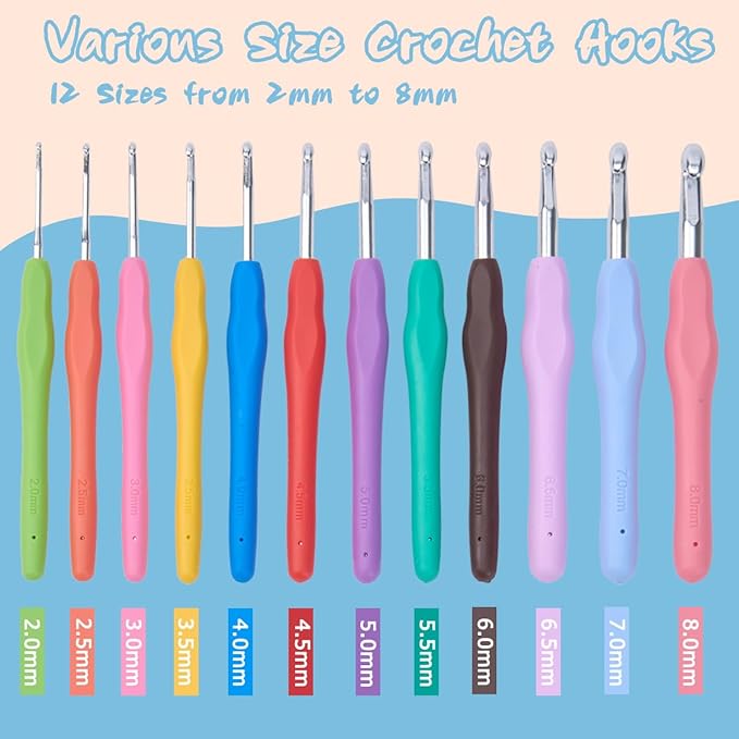 LeCorner Crochet Hooks, 12 Sizes Ergonomic Crochet Hook Set, 2mm-8mm Soft Grip Crocheting Needles Kit for Beginners Arthritic Hands with Knitting Accessories Stroage Bag