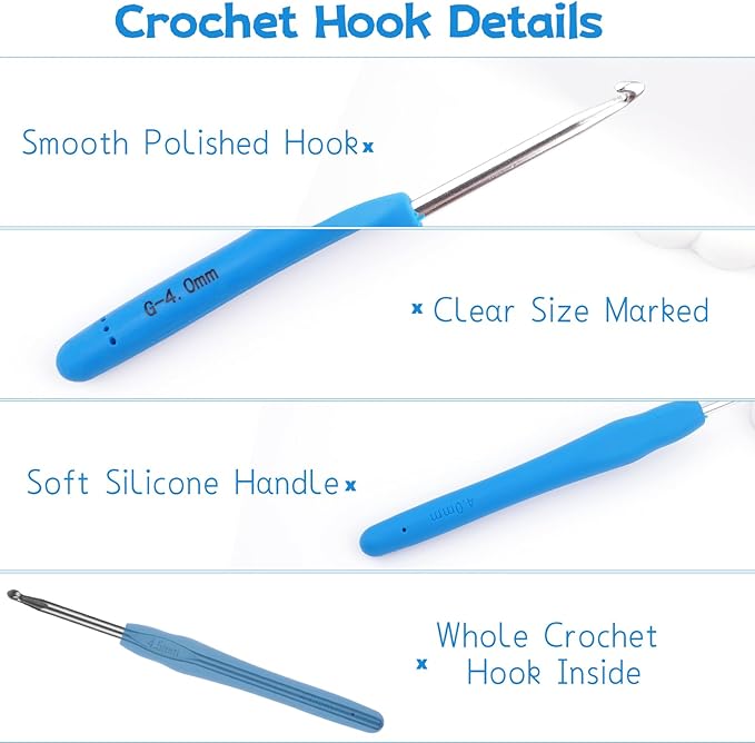 BsHooker 22 Sizes Crochet Hooks Set with Storage Case,0.5mm-10mm Crochet Hooks with Ergonomic Soft Handle for Arthritic Hands,Crochet Kit for Beginners,Blue