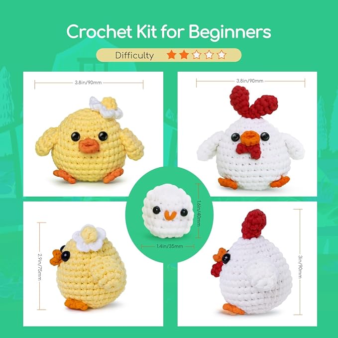 NestledCrafts Beginners Crochet Kit, Amigurumi Crochet Animal Kit, Easy Learn to Crochet with Step-by-Step Video Tutorials, 3PCS The Chick Family for Kids & Adults