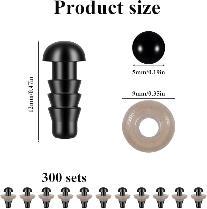 5mm Safety Eyes for Crocheting, 300 Pcs Plastic Eyes for Crochet Animals Sufficient Black Safety Eye for Stuffed Animals Bears Crochet Doll DIY Making Decorations