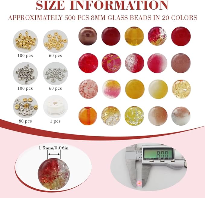 DIPSEOI 8mm Glass Beads for Bracelet Kit - 900 Pcs Jewelry Making Kits Bead DIY with Spacer Charms (Brown Red Orange Yellow Series)