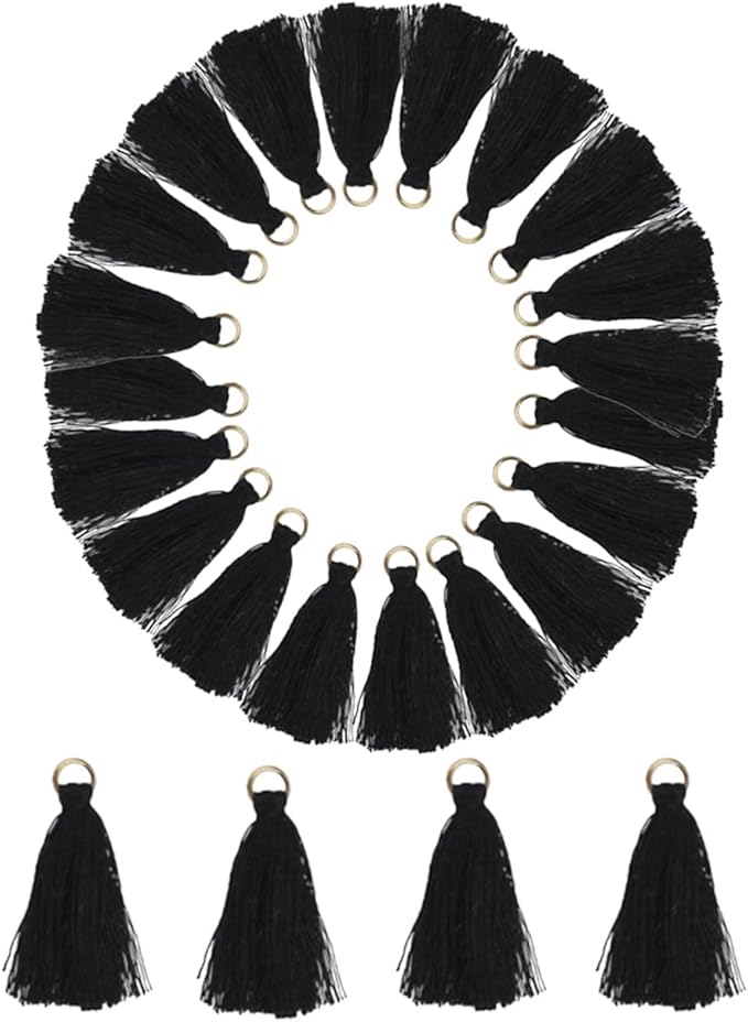 MSCFTFB 100 Pieces Mini Tassels with Jump Rings Mala Tassel Kit for Earring Necklace Jewelry Making Garland Keychain Charms Crafts Decorations (Black)