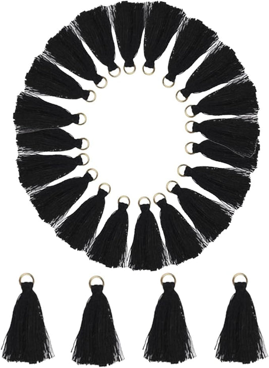 MSCFTFB 100 Pieces Mini Tassels with Jump Rings Mala Tassel Kit for Earring Necklace Jewelry Making Garland Keychain Charms Crafts Decorations (Black)