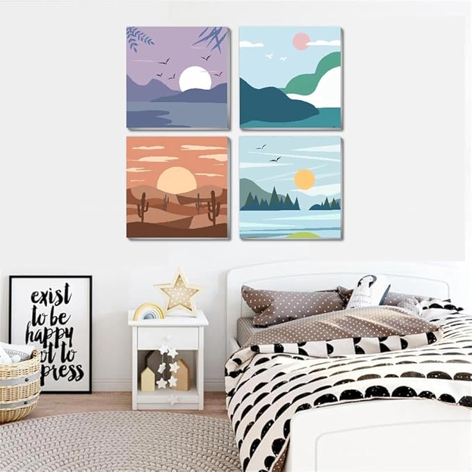 Fotasmua 4 Pack Framed Paint by Number Kits for kids Sunset, DIY Landscape Paint by Numbers Kits for Adults on Canvas, Easy Acrylic Oil Painting for Kids & Adults Beginners for Wall Decor (8 x 8 Inch)