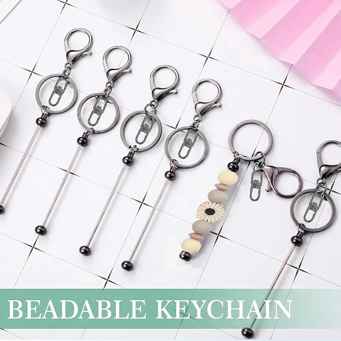 6 Pcs Beadable Keychain Bars Bulk for Beads DIY Blank Keychain Metal Beaded Keychains for Bead Key Chain Making Kit Crafts Gift Black