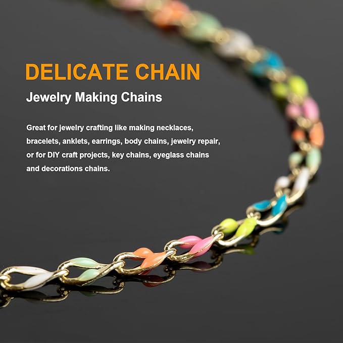 KYUNHOO 4 Meters Colorful Oil Drip Cable Chain for Jewelry Making, 16K Gold Plated Brass Chain Mixed Color Enamel Chain Necklace Women Bracelet DIY Jewelry Supplies Findings
