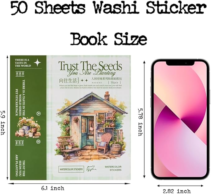 Garden Journal Stickers for Junk Journal Supplies, 50 Sheets Precut Watercolor Washi Sticker Book for Journaling, Scrapbooking, Bujo, Card Making, Art Crafts, Adults