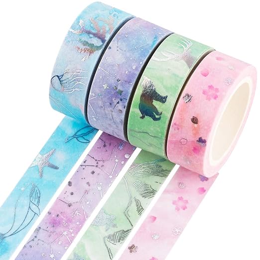 YUBBAEX Silver Washi Tape IG Style Laser Foil Masking Tape Set Decorative for Arts, DIY Crafts, Journal Supplies, Planners, Scrapbook, Card/Gift Wrapping -4 Rolls x 15mm- (Watercolor Laser)