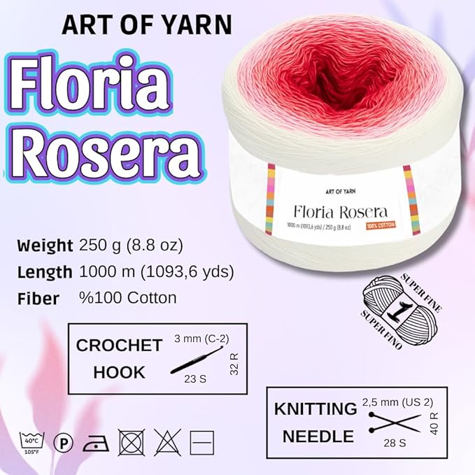 Floria Rosera 100% Cotton Yarn - 250g (8.80oz), 1094 Yards - Vibrant Multicolor Rainbow Yarn for Crochet, Knitting, Amigurumi & Crafts - Ideal for Spring & Summer Projects 99304