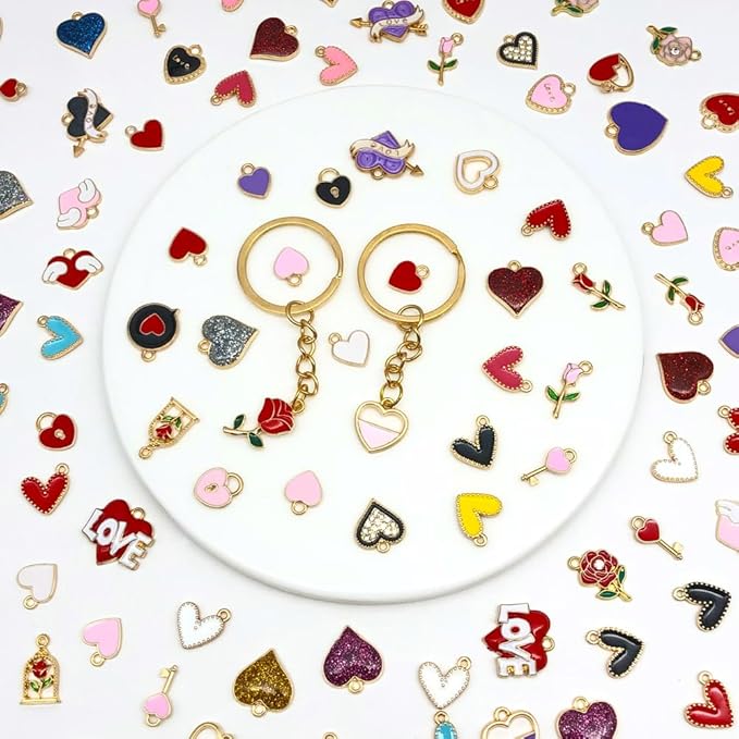 WOCRAFT 120pcs Assorted Enamel Bracelet Heart Rose Flower Charms for Jewelry Making Crafts,Valentine's Day Mother's Day Wedding Day Charms DIY Necklace Bracelet Keychain Crafting Kit (SN813)