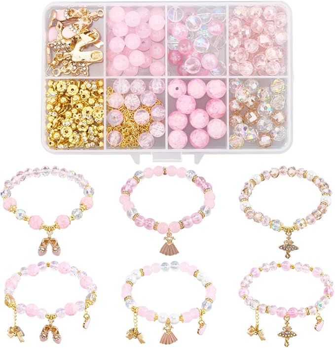 SUNNYCLUE 1 Box DIY 6 Sets Valentine's Day Glass Bead Bracelet Kit Dancer Charms Enamel Pink Heart Rhinestone Dance Dress Shoes Gold Bowknot Charms for Jewelry Making Kits Beginner Wedding Supply