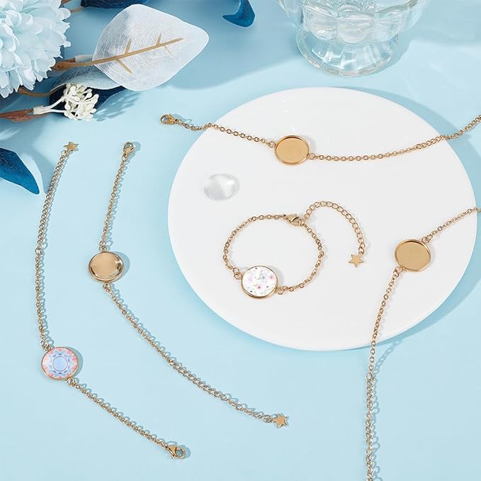 UNICRAFTALE 6 Sets Bracelet Bezel Settings Stainless Steel Bezel Bracelets Bracelets Blanks Adjustable Blank Tray Bangle Settings with Round Cabochon Gold Bezel Trays for Bracelet Making 14.4cm Long