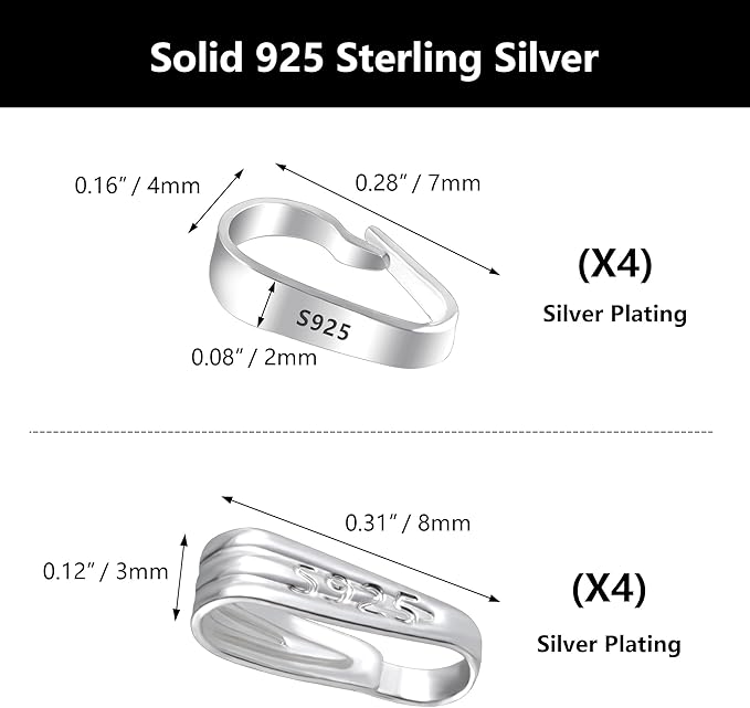Silver Necklace Pendant Clasp, 8 Pcs Bulk Necklace Pendant Pinch Bail Jewelry Clasps Bracelet Charms Connector Sterling Silver Findings Pinch Clips Snap Bails for Jewelry Making