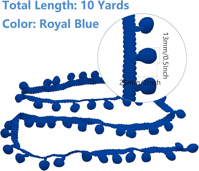 Homiest 10 Yards Pom Pom Trim for Sewing, 1 Inch Wide Royal Blue Ribbon Bundles Textured Fabric Fringe Ribbon, 13mm Ball Pompom Trim for DIY Crafts Curtain Clothes Pillow Home Decoration