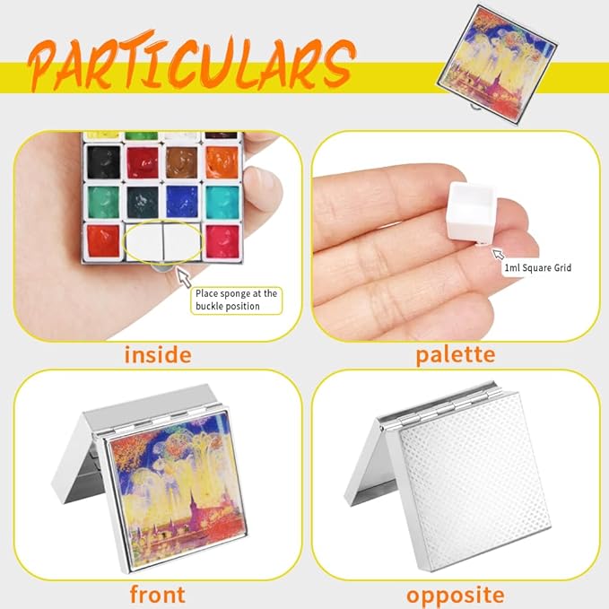 Portable Mini Tin Box 14-Well Empty Watercolor Palette Paint Mixing Tray is a Small Storage Travel Kit with Magnetic Clip and Oil Pot, Perfect for Outdoor Sketching and DIY Painting.Starburst