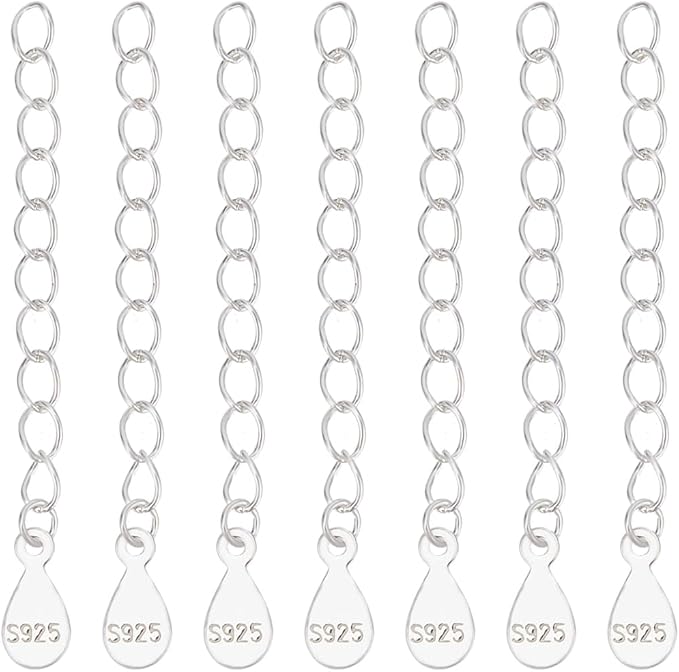Beebeecraft 1 Box 10Pcs 925 Sterling Silver Chain Extender Necklace Bracelet Extension End Chains with Teardrop Chain Tabs S925 Stamp for Jewellery Making