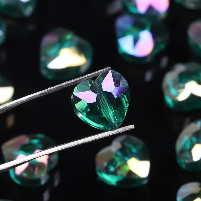 70pcs 8mm AB Dark Green Faceted Heart Beads for Jewelry Making Crystal Glass Beads for Bracelets Necklace Crafts, Friendship Bracelet Kit, Love Gifts
