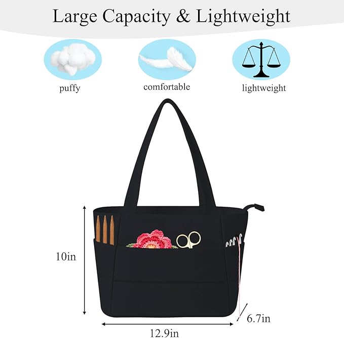 Crochet Bag for Yarn Storage, Puffer Knitting Bag with Soft Handles, Lightweight Yarn Storage Organizer with Zipper for Crochet Accessories, Gifts for Crocheters (Black)