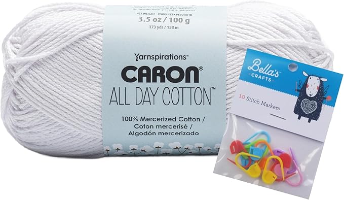 Caron All Day Cotton Yarn - 100g/3.5oz - 100% Mercerized Cotton - 173 Yards Bundle with Bella's Crafts Stitch Markers (White Shirt)