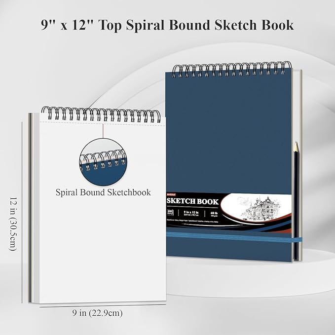 9" x 12" Sketch Book, Hardcover Sketchbook, Top Spiral Bound Sketch Pad, 100 Sheets (68lb/100gsm) Drawing Paper Pad, Art Supplies for Adults for Kids Drawing Notebook.