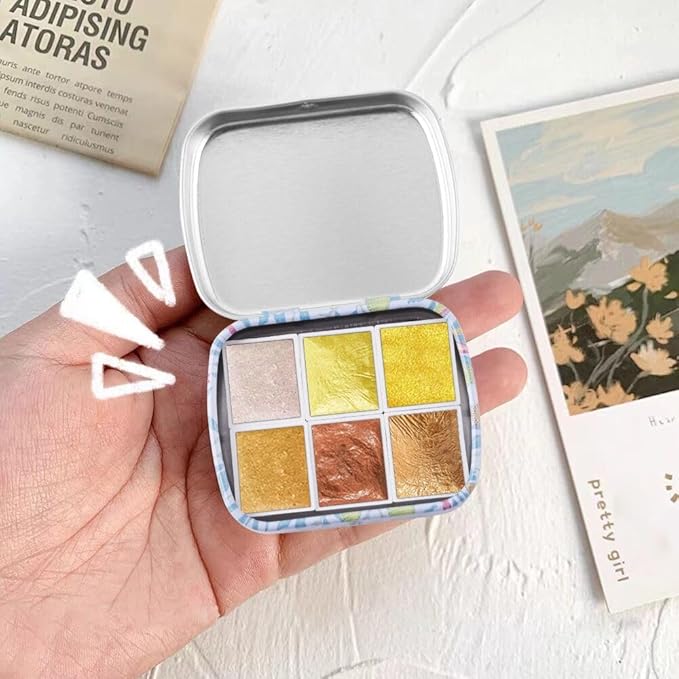Art Supplies Handmade Watercolor Paint Set - 6 Metallic Gold Colors Half Pans Glitter Solid Water Color- Metal Case Sparkle Pearlescent Watercolour for Artists. White Gold
