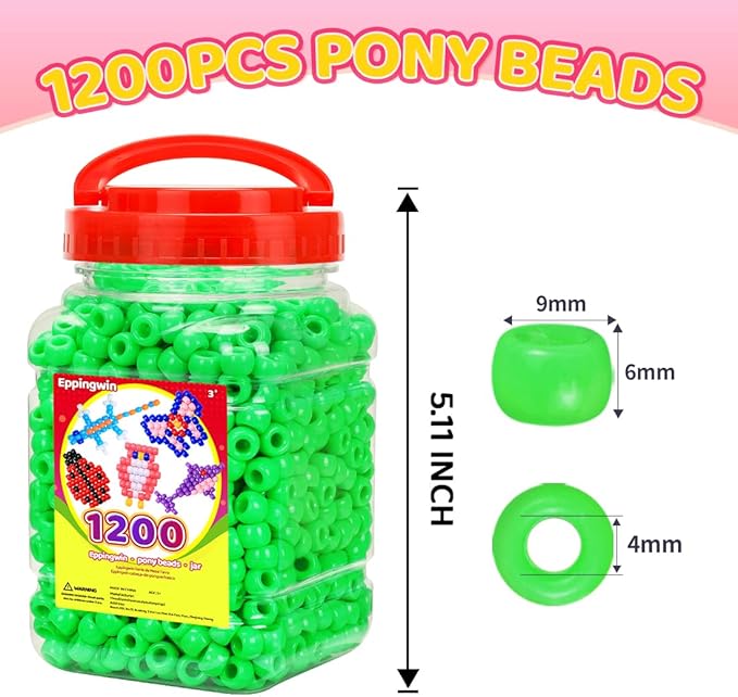 eppingwin 1200pcs pony beads for bracelets, 6x9mm kandi beads for hair braids, easy storage pony bead for jewelry making (green)