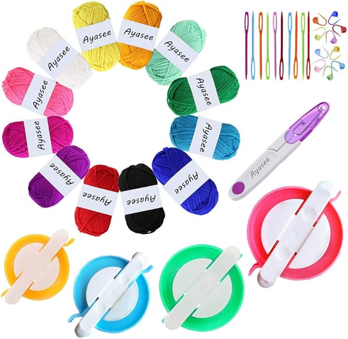 Pompom Maker Kit, Knitting Loom Fluff Ball Weaver Needle Craft DIY Knitting Crochet Tool Kit,4PS Pompom Maker+10PS Knitting Stitch Markers+10PS Plastic Needles+12PS Acrylic Yarn+1PS Scissors(37b)